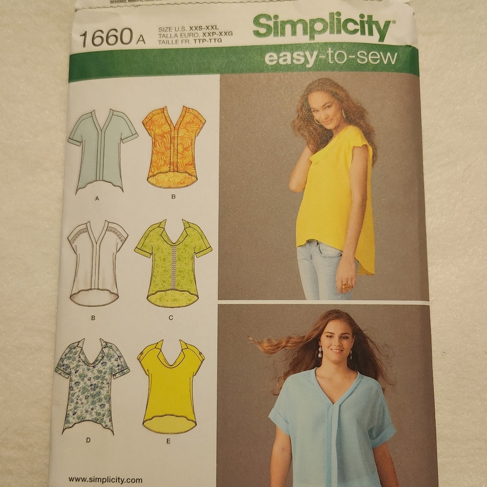 Simplicity pattern 1660 misses loose fitting tops  blouses xxs-xxl